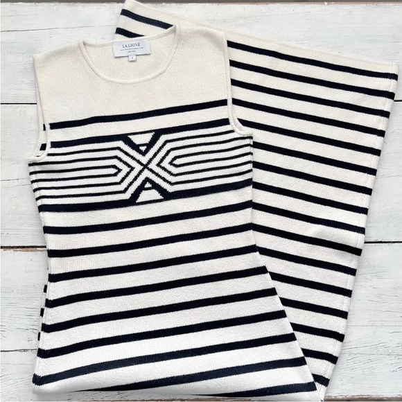Rare La Ligne Emmanuelle Black Cream Striped SMALL Midi Day Dress Geometric $295 - Picture 12 of 15